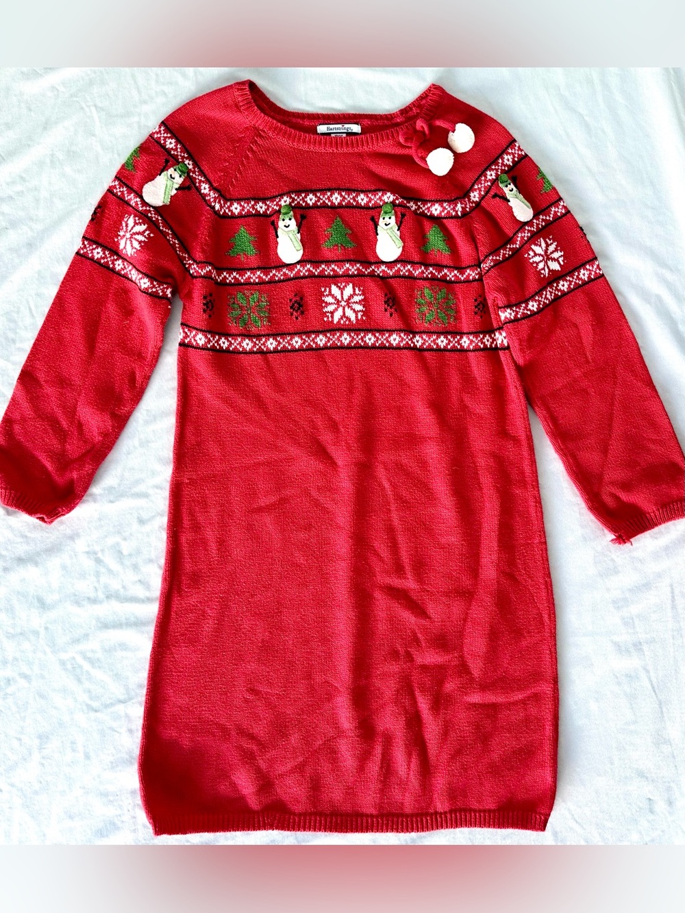 Hartstrings Girls Christmas Sweater Dress Size 10/12 Red Snowman Holiday Knit